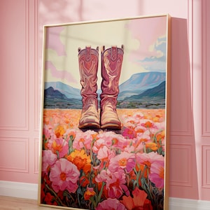 Cowgirl Boots Print, Coastal Pink Painting Poster, Cowgirl Decor, Retro Western Print, Dorm Room Painting, Boho Girly Decor Digital Download