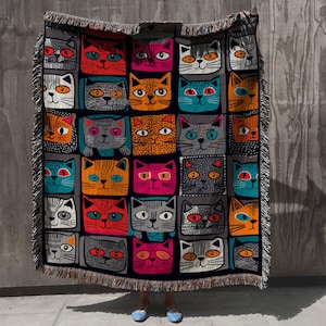 Cute Cats Woven Blanket 50&quot;x60&quot;, Woven Cat Blanket, Colored Yarn Blanket, KItten Pattern Blanket, Cotton Throw Blanket, Cat Lover Blanket