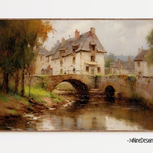 Rustic European Village Print, Country Cottage Art, Antique European Art, Vintage Country Painting, Vintage Landscape Print Digital Download