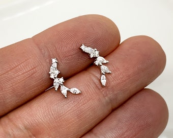 Curved leaf studs, 925 sterling silver earrings, leaf post studs, ear climber, silver leaf ear crawler, branch climber earrings, branch leaf