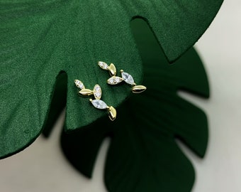 Leaf studs, 14K gold plated sterling silver earrings, leaf post studs, ear climber, gold leaf ear crawler, branch climber earrings
