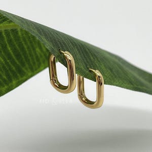 May include: A pair of polished gold-tone hoop earrings with a rectangular, rounded-edge shape. The earrings are suspended from a green leaf, and the text FIO & ELLA is printed in white lettering near the base of the jewelry pieces.