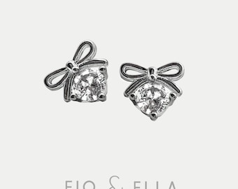 Sterling Silver Bow Studs, Dainty CZ Earrings