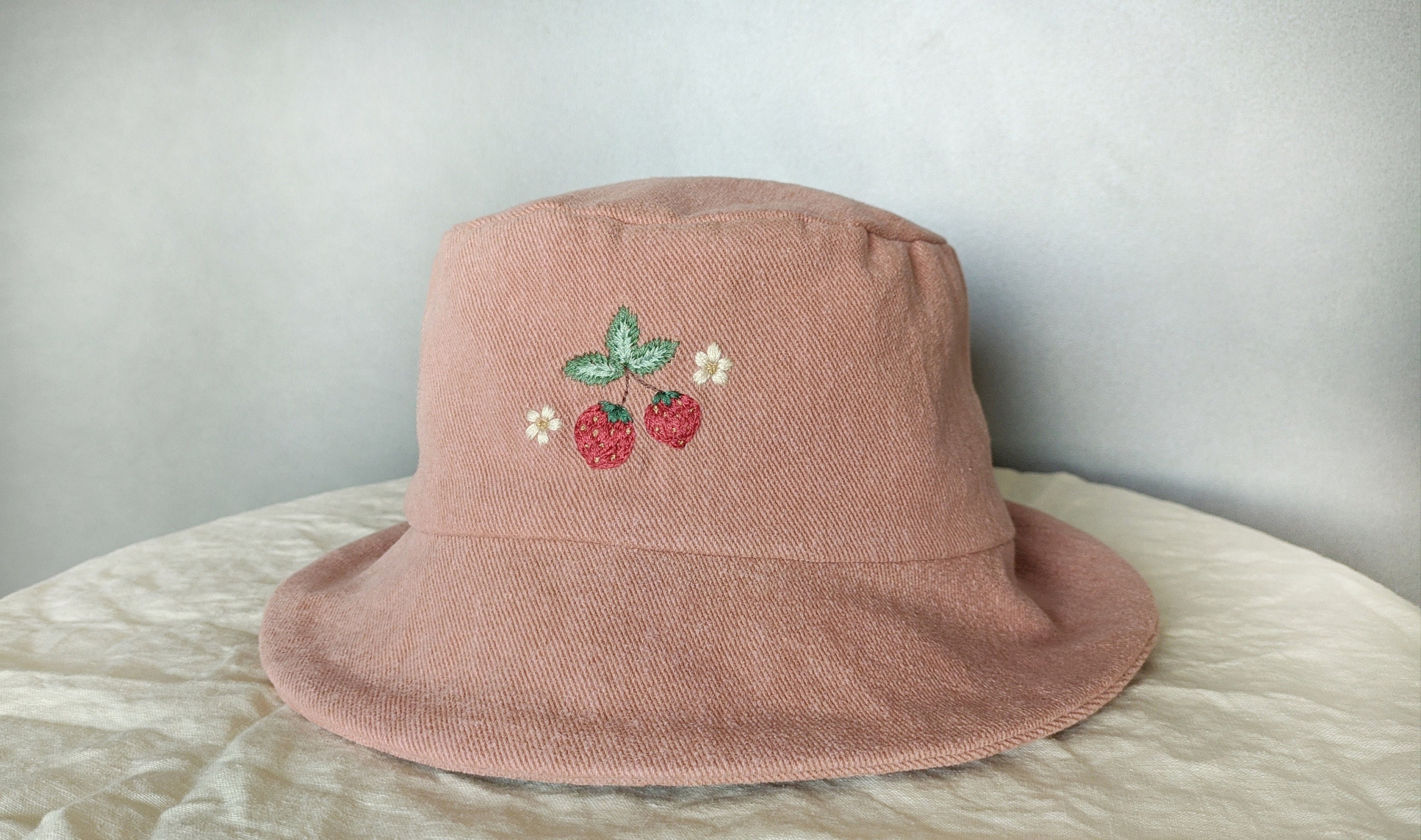 Strawberry bucket hat hand embroidered sun hat denim bucket Etsy