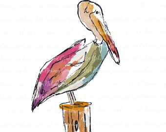 Clipart PNG de Pelicano, Arte Gráfica para Sublimação, Download Digital Instantâneo, Desenho à Mão, Colorido, Praia Costeira, Clipart Tropical, Náutico