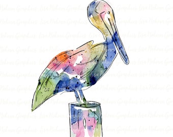 Clipart PNG de Pelicano em Aquarela, Arte Gráfica para Sublimação, Download Digital Instantâneo, Clipart Colorido de Praia Costeira Tropical Náutico