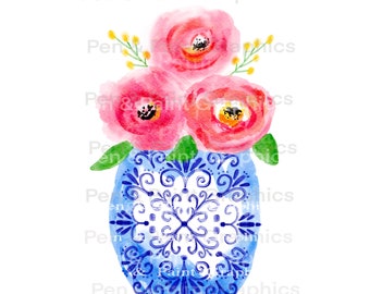 Watercolor Preppy Rose Vase Blue White Ginger Jar PNG Clipart Graphic Art Sublimation Digital  Download Hand Painted Floral Flowers Clipart