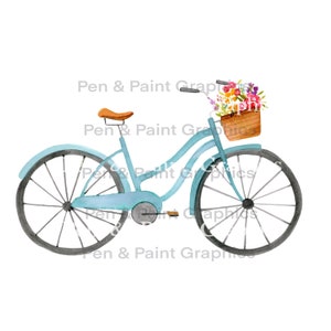 Acquerello Blu Bike PNG Clipart Graphic Art Sublimation Digital Download Instant Hand Painted Coastal Beach Bicycle Clipart Flowers