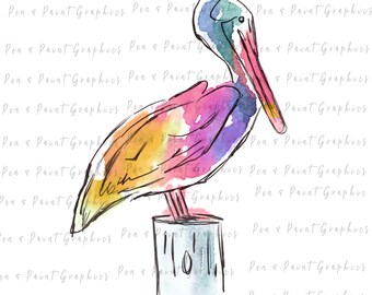 Clipart PNG de Pelicano em Aquarela, Arte Gráfica para Sublimação, Download Digital Instantâneo, Clipart Colorido de Praia Costeira Tropical Náutico
