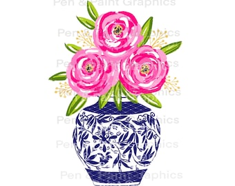 Preppy Rose Vase Blue White Ginger Jar PNG Clipart Graphic Art Sublimation Digital  Download  Instant Hand Drawn Art Floral Flowers  Clipart