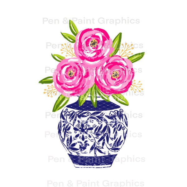 Preppy Rose Vase Blue White Ginger Jar PNG Clipart Graphic Art Sublimation Digital  Download  Instant Hand Drawn Art Floral Flowers  Clipart