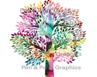 Watercolor Tree PNG Clipart Graphic Art Sublimation Digital Download Instant Hand Painted Art Colorful Clipart Nature Fall Graphic Design