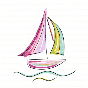 Barca a vela PNG Clipart Arte grafica Sublimazione Download digitale Instant Hand Drawn Art Colorata spiaggia costiera Clipart tropicale Barca nautica