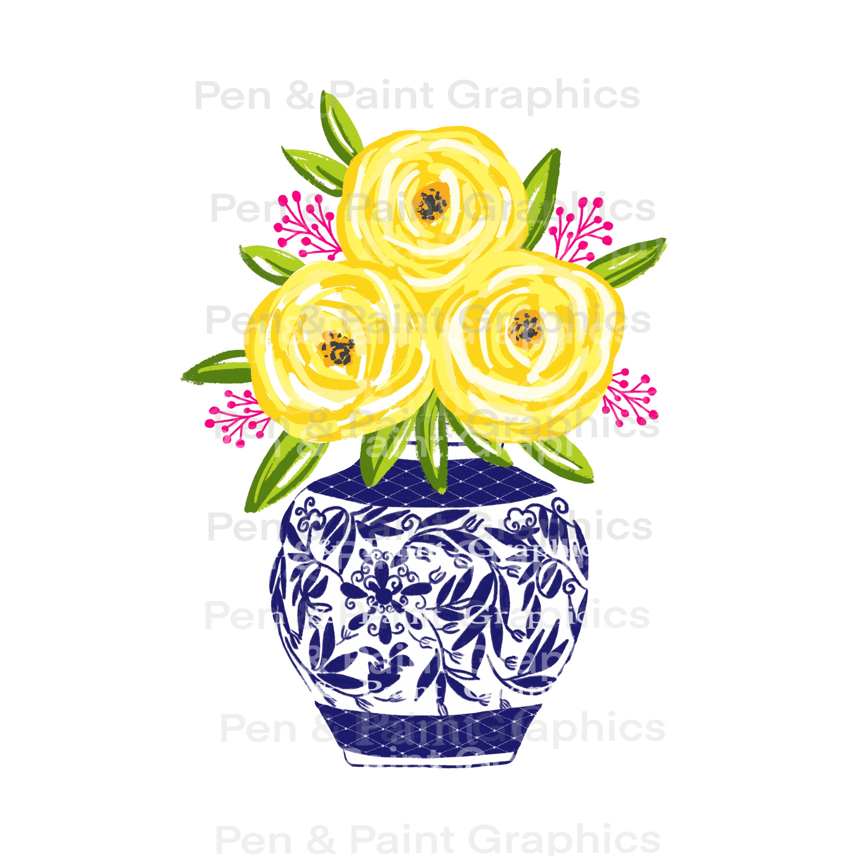 Preppy Rose Vase Blue White Ginger Jar PNG Clipart Graphic Art Sublimation Digital  Download  Instant Hand Drawn Art Floral Flowers  Clipart