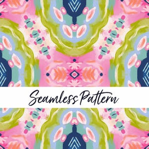 May include: An abstract seamless pattern in pink, green, blue, and orange. The design has symmetrical, organic shapes with brushstroke textures. The text "Seamless Pattern" is displayed in a cursive font across the centre.