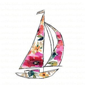 Voilier floral aquarelle PNG Clipart graphique Sublimation téléchargement numérique Instant Art coloré côtier plage été Clipart bateau nautique