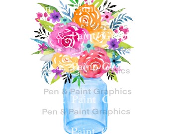 Watercolor Floral Mason Jar PNG Clipart Graphic Art Sublimation Digital  Download  Instant Hand Painted  Art Colorful Flowers Clipart