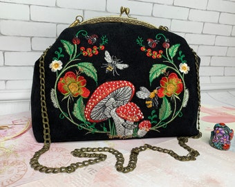 Black embroidered mushroom bag, goblincore bag, cottagecore gift, forest gift