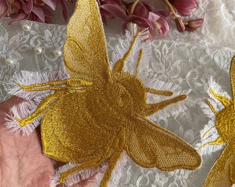 Embroidered bee patch, golden bee