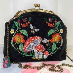 Black embroidered bag with mushrooms, Goblincore shoulder bag