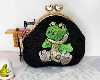Monedero con rana bordada, bolso de mano de terciopelo negro con cierre de bronce