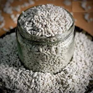 May include: A clear glass jar filled with white, oblong-shaped food items, possibly grains or seeds. The jar sits on a dark, round plate, surrounded by more of the same white food. The image has a soft, diffused lighting.