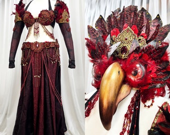Red Burlesque Fantasy Halloween Bird Upcycle Costume Renfaire Costume Handmade Cosplay - In Stock