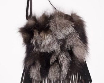 Black/ grey Leather Messenger Bag with Natural Fur Finish