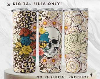Skull and Roses Tumbler Wrap | Skulls With Flowers | Floral Skull png | Leopard Skull | 20oz Skinny Tumbler Sublimation Designs Download PNG