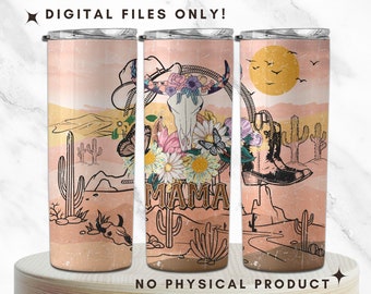 Pink Western Mama - Desert Cow Skull Cactus - Country Mama Tumbler Wrap - 20oz Skinny Tumbler Sublimation Design - Digital Downloads PNG