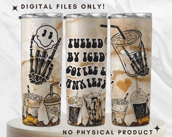 Fueled by Iced coffee and anxiety 20oz Skinny Tumbler Wrap Designs, Trendy Coffee Tumbler Wrap PNG, Coffee and Anxiety Sublimation Design