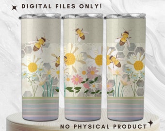 Bee Happy - Emballage pour gobelets Bee | Citation inspirante florale | Gobelet fin 20 oz à sublimation | Téléchargements numériques PNG