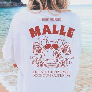 Maglietta Malle 2026, maglietta per feste di Maiorca, maglietta con umorismo tedesco sul bere, maglietta con topo, birra, fenicottero, abbigliamento di gruppo per vacanze estive, maglietta oversize da spiaggia.