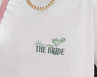 Custom Bachelorette Shirt Here comes the Party retro cocktails old money green matching bride squad tee personalized name crew JGA T-Shirts