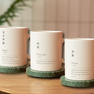 Japanese Quote Design Wabi Sabi Kaizen Ikigai Mug 11oz - Coffee Cup Home Office Minimal Design Gift for Co Worker Coffee Mug Motivation