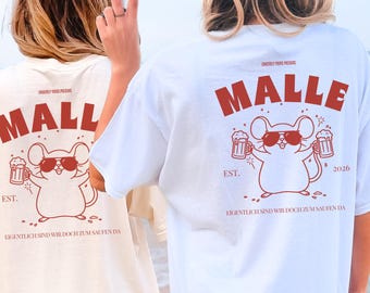 Malle Shirt 2026 Personalized Matching Crew Shirts Girls Trip Funny Party Maus Beer Mug Mascot Mallorca Opening Group tee Back Print Pocket