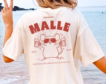 Malle Shirt 2026 Personalized Matching Crew Shirts Girls Trip Funny Party Maus Beer Mug Mascot Mallorca Opening Group tee Back Print Pocket