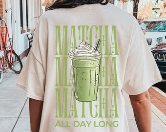 Matcha latte all day long Shirt Retro matcha lover T-Shirt Retro back print 90s T-Shirt vintage pocket print graphic tee wellness girl Y2K