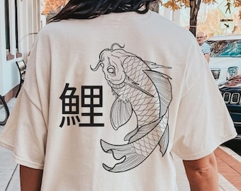 Koi Shirt Japanese sign quote T-Shirt gift Bestie Japan lover fish line art student TShirt 90s girl back print Y2K Shirt language teacher