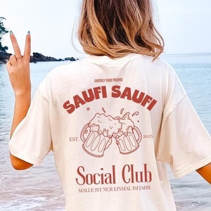 Saufi Saufi Social Club Cocktail Party Camicia Malle 2025 stampa posteriore oversize Maiorca vacanza gruppo JGA ragazze viaggio ragazze viaggio personalizzato
