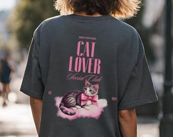 Amante de los gatos club social camisa de gran tamaño Retro coqueta dueño del gato Camiseta y2k rosa día de las madres regalo 90s gráfico Tee estudiante bienestar espalda impresión