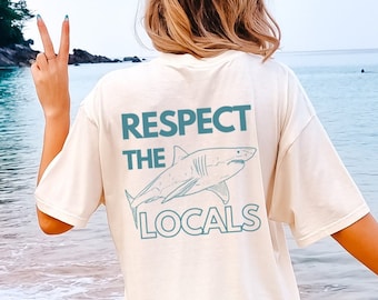 Respect the locals oversized Retro Shark-Shirt summer back print 90s aesthetic gift ocean Y2K fish aesthetic tee pocket print sea life girl