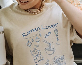 Ramen Lover Shirt Retro noodle japanese food lover T-Shirt Retro back print 90s waving cat Shirt vintage gift japanese art print graphic tee