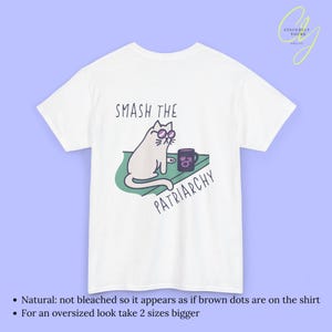 Smash the Patriarchy funny Cat Activist Shirt Feminist Pocket Print Back Print Tee Political Cat Meme Gift for Women Unhinged Humor Tee 90s White