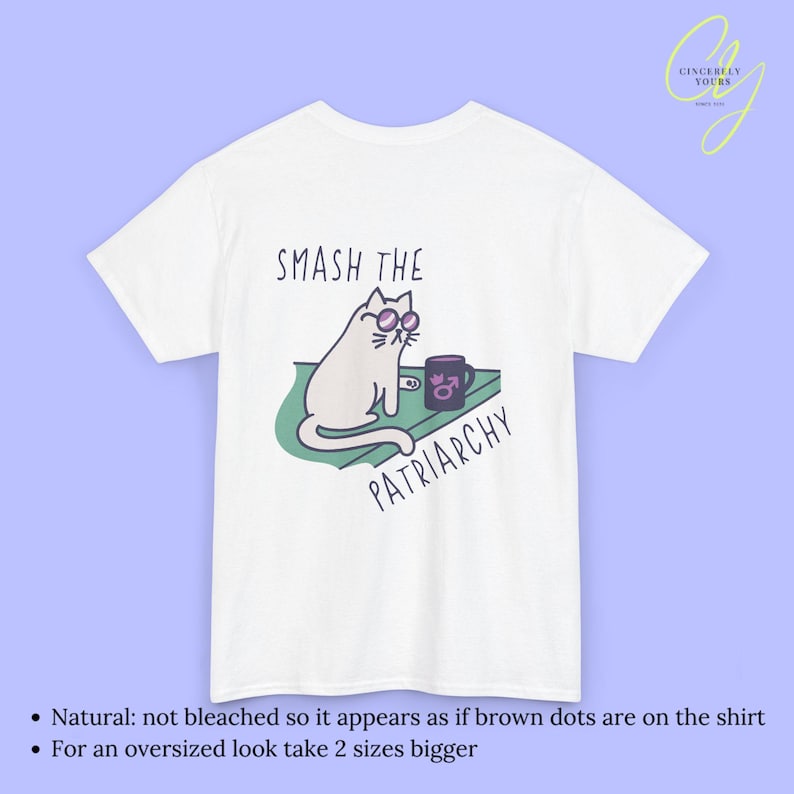 Smash the Patriarchy funny Cat Activist Shirt Feminist Pocket Print Back Print Tee Political Cat Meme Gift for Women Unhinged Humor Tee 90s White