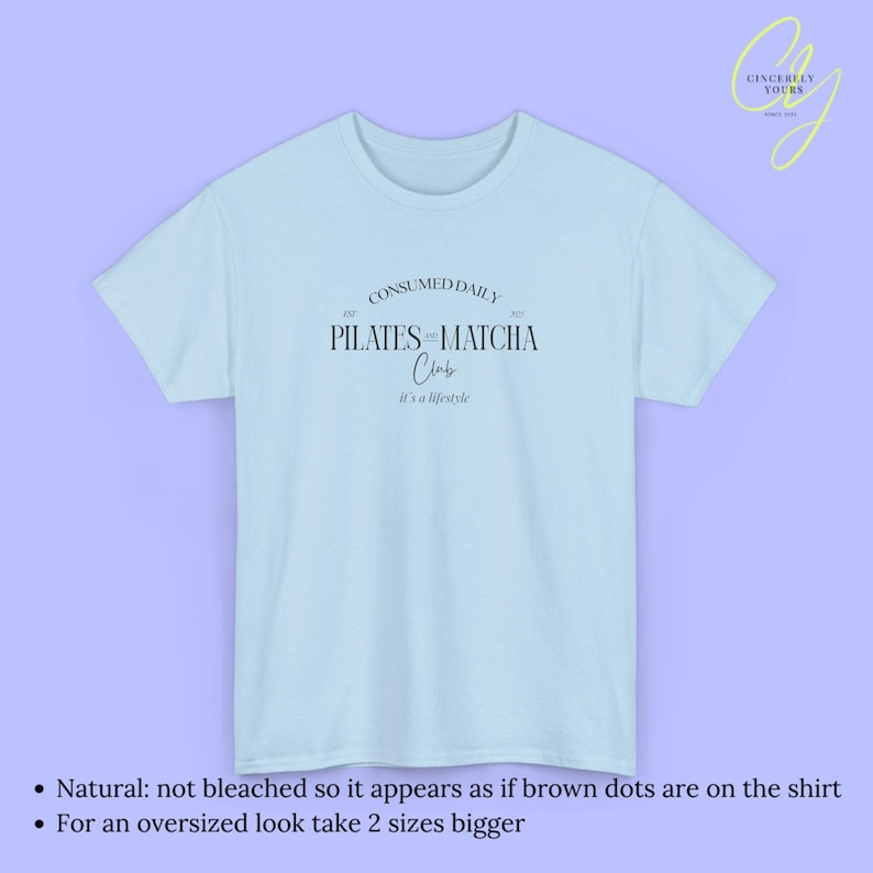 Pilates and Matcha Club Shirt Womens Wellness T Shirt Aesthetic Fitness Gift Clean Girl Lifestyle Tee Health Trend Old Money Gym Top 90s Light Blue
