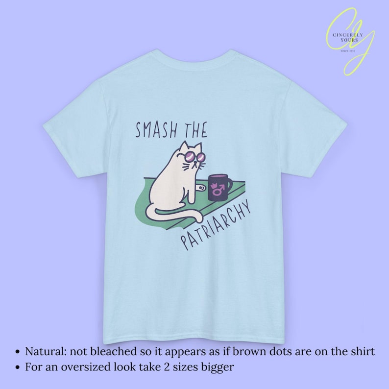Smash the Patriarchy funny Cat Activist Shirt Feminist Pocket Print Back Print Tee Political Cat Meme Gift for Women Unhinged Humor Tee 90s Light Blue