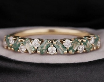 Einzigartiger Moosachat Ring Moosachat Ehering Goldringe Art Deco Eternity Band Moosachat Passende Ringe personalisiertes Geschenk für die Liebe
