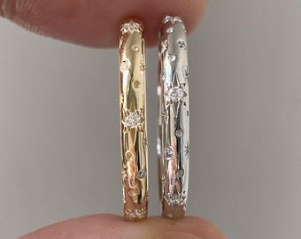 Bandring massiv Gold Cz Nordsternring Starburst Goldring Inset Moissanit Sternring Statementring Versprechensring Hochzeit Geschenk Band