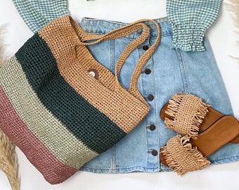 Handmade crochet raffia tote bag, shoulder straw bag in colorful
